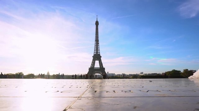 view of Eiffel Tower from Trocadero gardens, Paris France