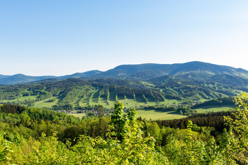 Beautiful landscape in the mountains. Blue sky, green grass and trees and in the background mountains on the horizon