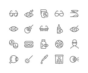 Simple Set of Optometry Related Vector Line Icons. Contains such Icons as Eye Exam, Laser Surgery, Eyeball, Glasses and more. Editable Stroke. 48x48 Pixel Perfect.