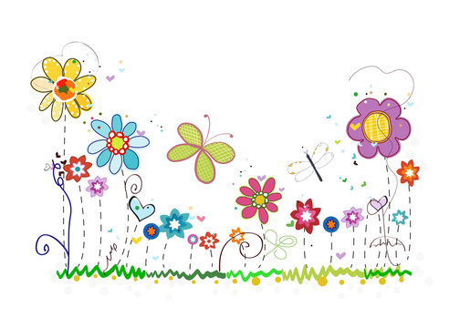 Colorful spring summer time flowers. Doodle floral greeting card background
