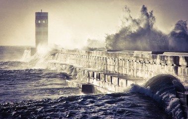 Storm in Oporto lighthouse, Portugal