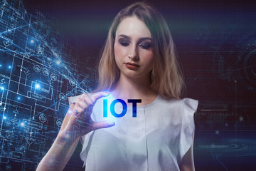 The concept of business, technology, the Internet and the network. A young entrepreneur working on a virtual screen of the future and sees the inscription: IOT