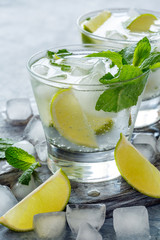 Ice drink with lime and fresh mint.