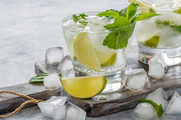 Drink of lime and mint with ice cubes.