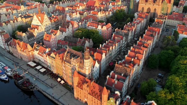 Gdansk, Poland. Flying over Gdansk old town at sunrise. Aerial drone shot.