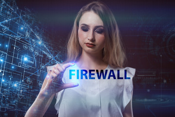 The concept of business, technology, the Internet and the network. A young entrepreneur working on a virtual screen of the future and sees the inscription: Firewall