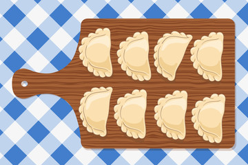 Dumplings (pierogi, varenyky, pelmeni, ravioli) on a wooden cutting board on blue checkered tablecloth. Polish cuisine. Eastern european cuisine. Vector hand drawn illustration. - 208279011