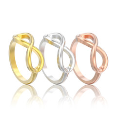 Fototapeta premium 3D illustration isolated three different rose gold simple infinity rings with reflection