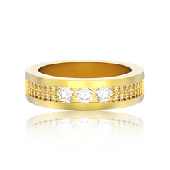 3D illustration isolated gold engagement wedding anniversary band diamond ring with reflection