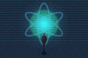 businessman in cyber room on computer code background with global digital cyber computer code. technology cyberspace concept.