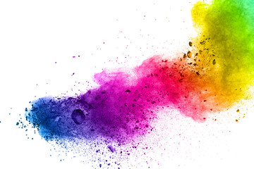 Multicolor powder explosion on white background. Colored cloud. Colorful dust explode. Paint...