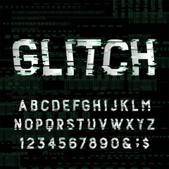 Glitch alphabet font. Distressed type letters and numbers on dark glitched background. Vector typeface for your design.