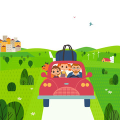 Family adventure. Happy children, father enjoy summer trip outside city. Cute cartoon of son, daughter, dad. Vacation outdoor leisure activity of adult and kids. Holiday background vector illustration