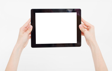 Hand holding black tablet isolated on white clipping path inside. Top view.Mock up.Copy...