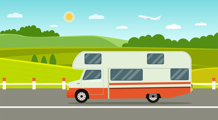 Retro camper car trailers caravan isolated. Summer landscape. Vector flat style illustration