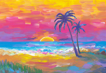 Fototapeta na wymiar Palms beach, sunset, sand, ocean. Seaside landscape. Abstract oil painting