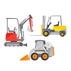 Schematic illustration of two mini tractors or excavators and one mini forklift truck
