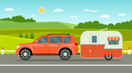 Travel trailer and car. Summer landscape. Vacation poster concept. Flat style vector illustration