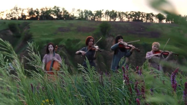 Female musical quartet with three violins and one cello plays at flowering meadow against backdrop of picturesque landscape and grass swaying in the wind. Bottom view.