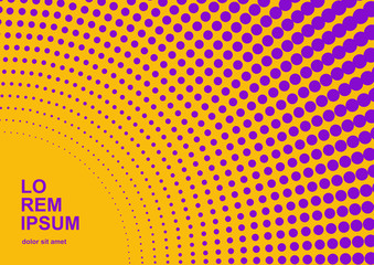 Horizontal abstract background with dotted halftone pattern in vibrant colors. Gradient dot ornament forming concentric circles texture. Design template of flyer, banner, cover, poster in A4 size. 