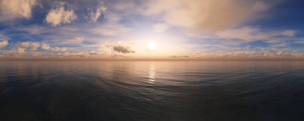 Fototapeta na wymiar beautiful view of the sea sunset, beautiful sky over the ocean, clouds, sun and water, 3D rendering 