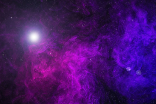 Fototapeta beautiful universe with purple smoke, stars and glowing light