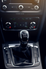 Obraz premium luxury car Interior - steering wheel, shift lever and dashboard. 