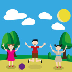 Three children play soccer/Three children rejoice at the fact that summer, a ball game. Children play football. The boy and the girl jump, have fun. Friends on Vacation.