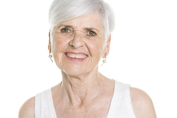 elderly woman on studio white background