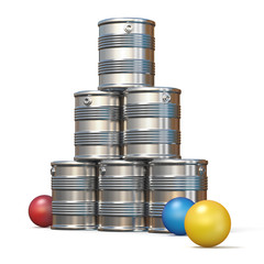 Tin cans and three balls 3D rendering illustration on white background