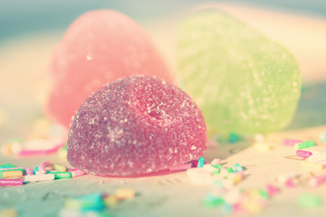 Three marmalade candies on a table