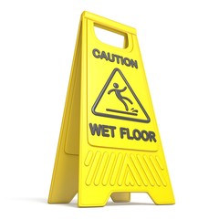 Yellow caution slippery wet floor sign 3D
