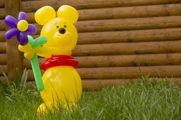 A large yellow bear from balloons with a big flower in the garden, Congratulations on the occasion