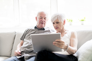 Affectionate attractive elderly couple sitting together on a couch with tablet