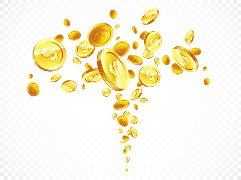 Golden coins in different positions illustration, isolated background.