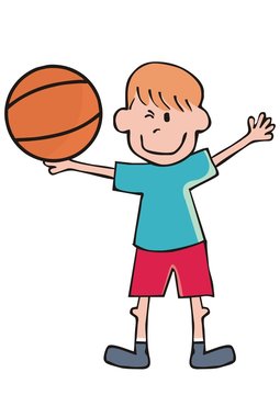 boy and basketball, single player with ball, funny vector illustration