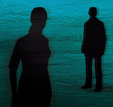 Silhouette of a girl and a young man on a blue and green textured background. Conflict, quarrel.