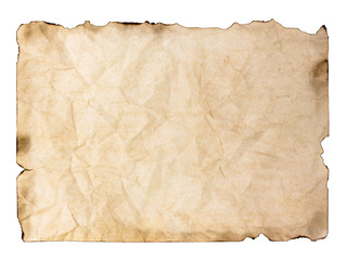 old paper sheet. Burnt manuscript or parchment isolated on white background