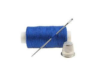 thimble and needle and thread on white background
