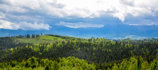 Mountain landscape with a view of Hoverla, Ukrainian Carpathians, panoramic photo.
