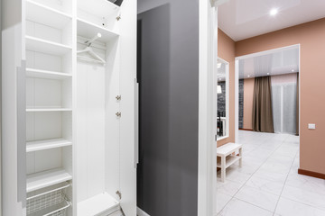 Interior of modern empty wardrobe room. Hotel modern standart room. simple and stylish interior. interior lighting