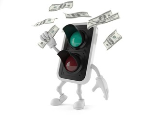 Green traffic light character catching money