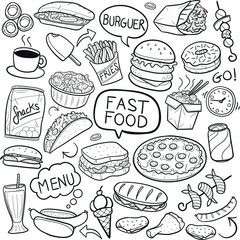 Famous Fast Food Doodle Icon Hand Draw Line Art	
