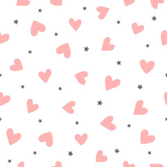 Repeating hearts and stars drawn by hand. Cute romantic seamless pattern. Endless girly print.