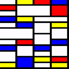 Geometric material design in primary colours, with three dimensional layered effect. Mondrian style.
