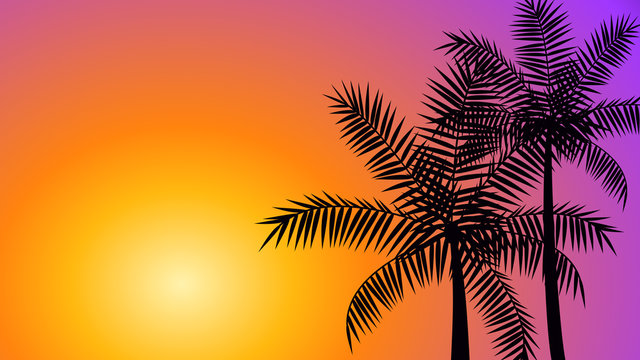 Silhouette coconut palm trees at sunset, summer tropical banner vector background