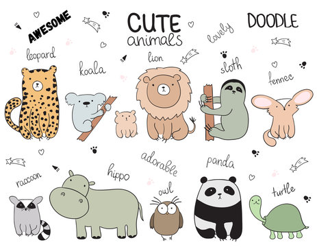 Set of vector cartoon sketch illustration with cute doodle animals