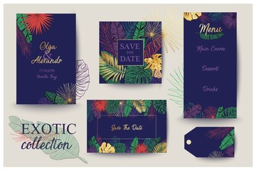Summer card. Save the date. Palm leaves