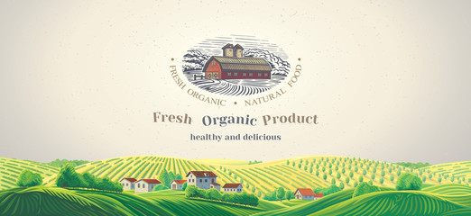 Rural panoramic landscape with design elements as a graphical illustration of the farm and diferent inscriptions. © Rustic