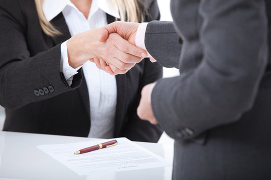 Business handshake. Two business women shake hands with each other to sign a successful deal